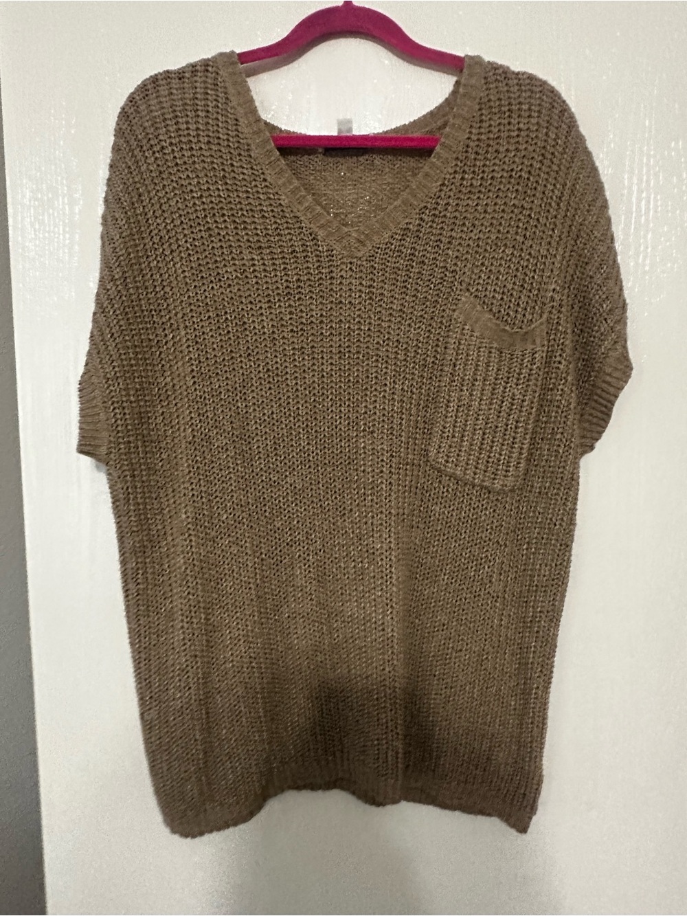 She + Sky Brown V-Neck Chunky Knit Sweater with Chest Pocket